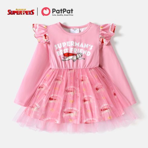 Super Pets Toddler Girl Letter Print Ruffled Mesh Design Long-sleeve Pink Dress