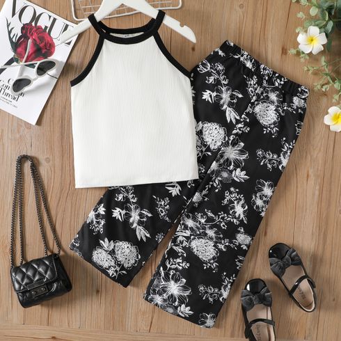 2pcs Kid Girl Colorblock Halter Camisole and Floral Print Pants Set