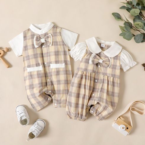 Equally Cute Baby Siblings 100% Cotton Plaid Bow Tie Decor Short-sleeve Apricot Romper
