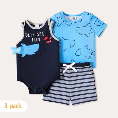 3-Pack Baby Boy 100% Cotton Cartoon Shark & Letter Print Tank Romper and Short-sleeve Tee with Striped Shorts Set