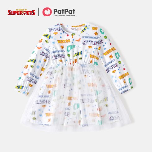 Super Pets Toddler Girl Letter Allover Print Mesh Design Long-sleeve Dress