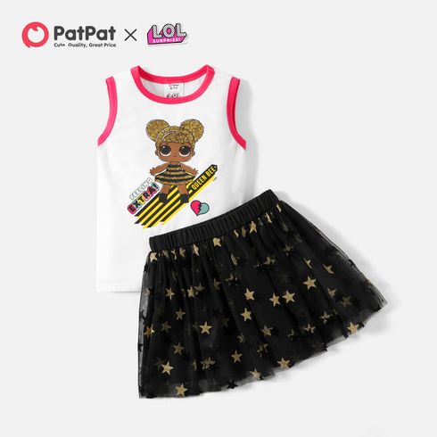 L.O.L. SURPRISE! 2pcs Kid Girl Figure Print Sleeveless Cotton Tee and Star Design Mesh Skirt Set