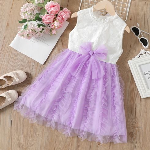 Kid Girl 100% Cotton Lace Tulle Splice Bowknot Design Sleeveless Princess Party Dress