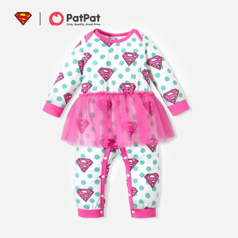 Superman Baby Girl Allover Print Polka Dots Long-sleeve Mesh Jumpsuit