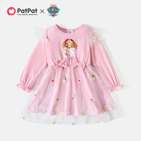 PAW Patrol Toddler Girl Floral Embroidered Mesh Design Long-sleeve Pink Dress