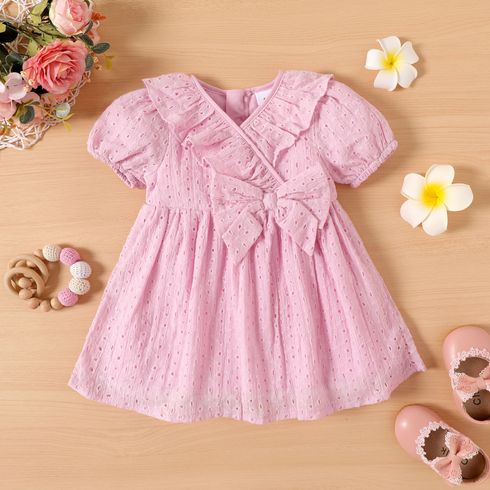 Baby Girl Pink Eyelet Embroidered Surplice Neck Bow Front Puff-sleeve Party Dress