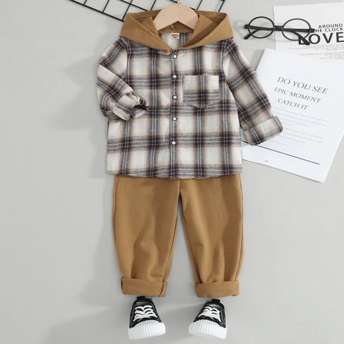2pcs Kid Boy Plaid Hooded Long-sleeve Shirt and Elasticized Pants Set
