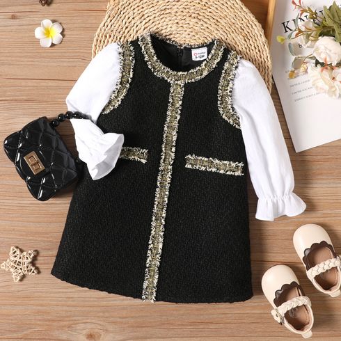 Baby Girl Faux-two Long-sleeve Contrast Binding Tweed Dress