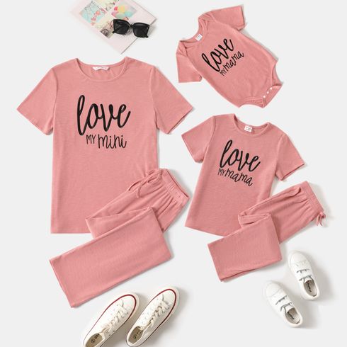 Letter Embroidered Pink Rib Knit Short-sleeve Tee and Drawstring Pants Sets for Mom and Me