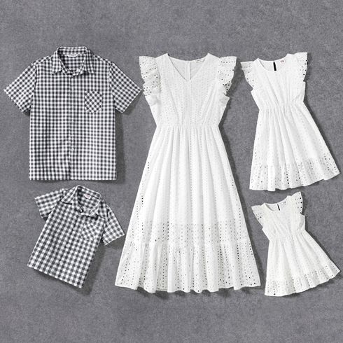 Family Matching 100% Cotton Eyelet Embroidered Flutter-sleeve Dresses and Short-sleeve Gingham Shirts Sets