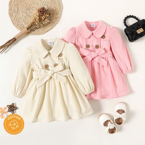 100% Cotton Baby Girl Solid Peter Pan Collar Double Breasted Belted Long-sleeve Dress