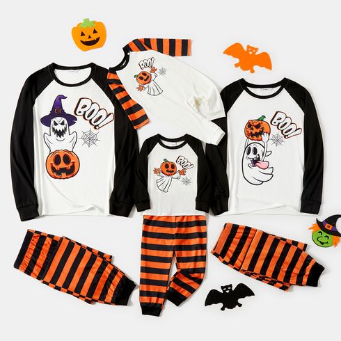 Halloween Family Matching Raglan-sleeve Pumpkin Ghost & Letter Print Striped Pajamas Sets (Flame Resistant)