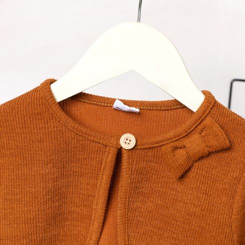 Toddler Girl Solid Color Bowknot Design Ribbed Cardigan Jacket Brown big image 3