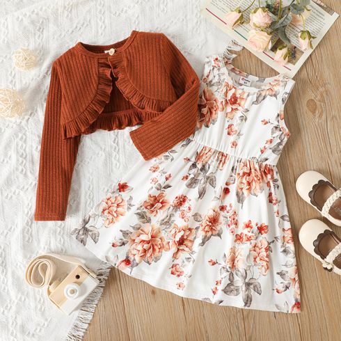 2pcs Toddler Girl Floral Print Sleeveless Dress and Ruffled Brown Cardigan Set
