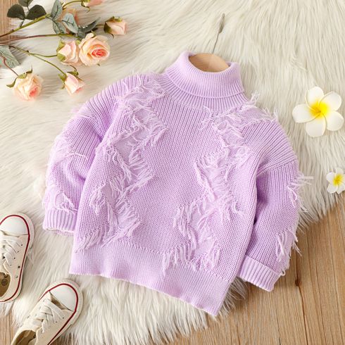 Toddler Girl Sweet Turtleneck Frayed Trim Purple Knit Sweater