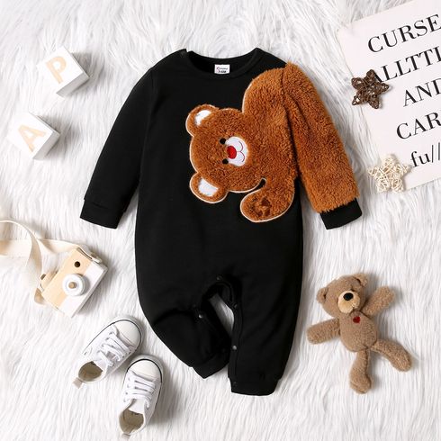 Baby Boy Fuzzy Cartoon Bear Design Black Long-sleeve Jumpsuit