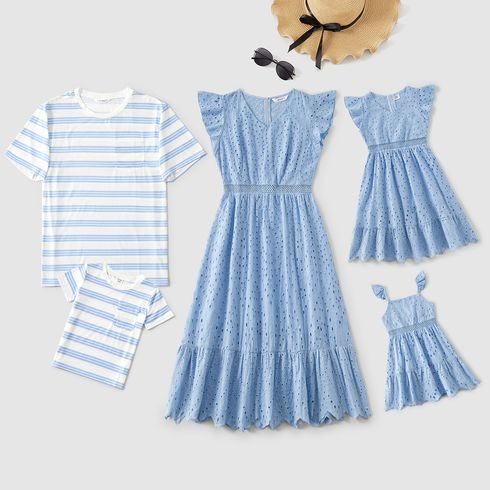 Family Matching 100% Cotton Blue Eyelet Embroidered V Neck Flutter-sleeve Dresses and Striped Short-sleeve T-shirts Sets