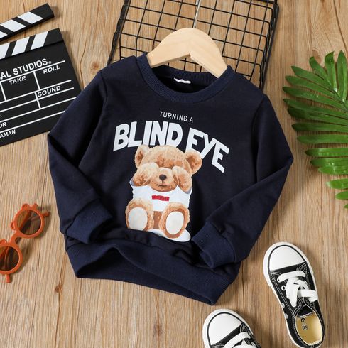 Toddler Boy Animal Bear Letter Print Royal Blue Pullover Sweatshirt