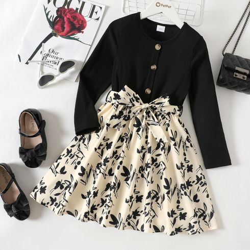 Kid Girl Floral Leaf Print Button Design Long-sleeve Dress