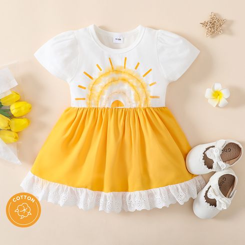Baby Girl 95% Cotton Short-sleeve Sun Design Ruffle Hem Spliced Party Dress