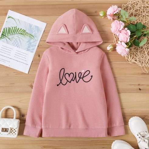 Kid Girl Letter Embroidered Ear Design Waffle Hoodie Sweatshirt