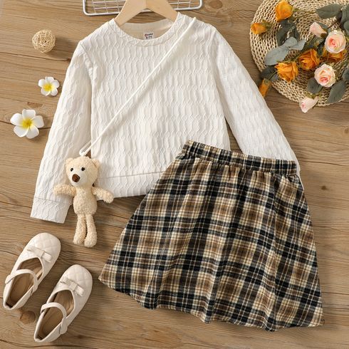 2pcs Kid Girl Textured White Pullover and Plaid Skirt Set( Bear Doll is included)