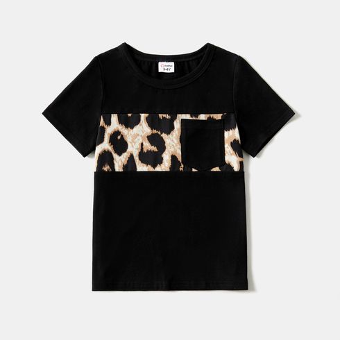 Family Matching 95% Cotton Short-sleeve T-shirts and Rib Knit Spliced Leopard Belted Cami Dresses Sets Black big image 19