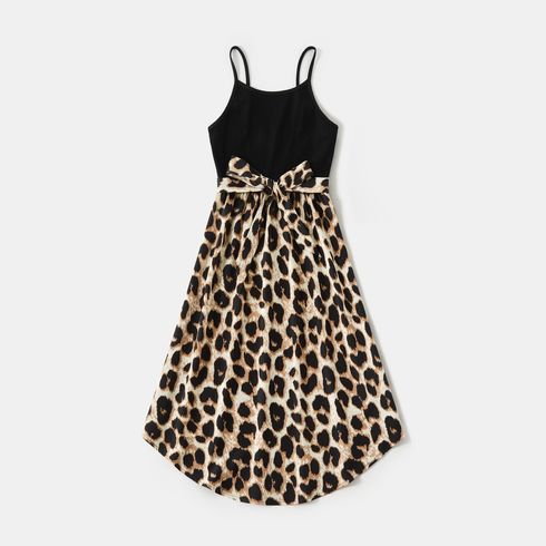 Family Matching 95% Cotton Short-sleeve T-shirts and Rib Knit Spliced Leopard Belted Cami Dresses Sets Black big image 12
