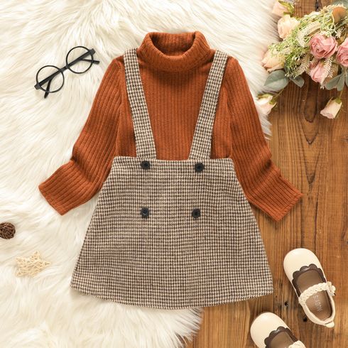 2pcs Toddler Girl Turtleneck Ribbed Long-sleeve Tee and Button Design Plaid Suspender Skirt Set