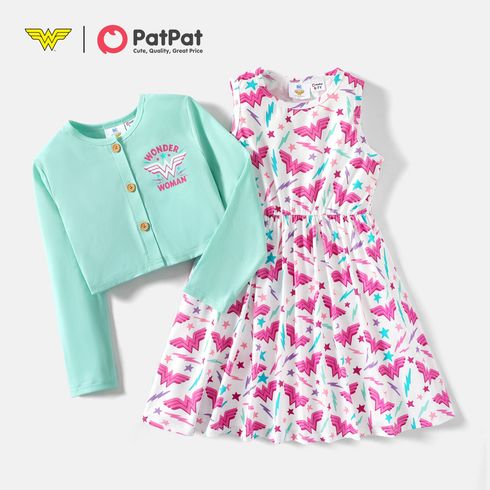 Wonder Woman 2pcs Kid Girl Allover Print Sleeveless Dress and Button Design Cardigan Set