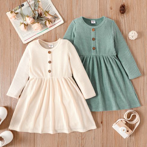 Toddler Girl Solid Color Button Design Ribbed Long-sleeve Dress