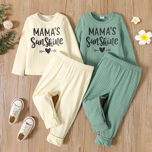 2pcs Toddler Girl Letter Print Ribbed Long-sleeve Tee and Elasticized Pants Set
