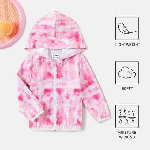 Activewear Polyester Spandex Fabric Baby Girl Pink Tie Dye Hooded Long-sleeve Zip Jacket