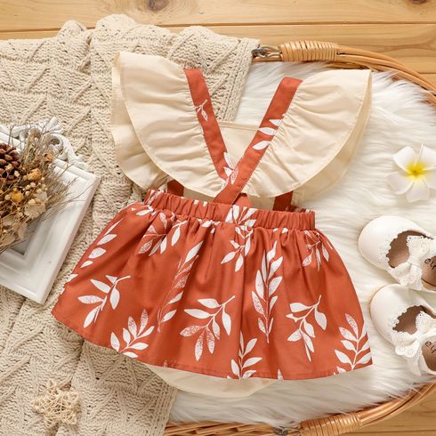 Baby Girl Sleeveless Solid Ruffle Trim Bowknot Spliced Leaf Print Romper Apricot big image 3