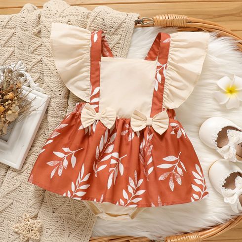 Baby Girl Sleeveless Solid Ruffle Trim Bowknot Spliced Leaf Print Romper Apricot big image 1