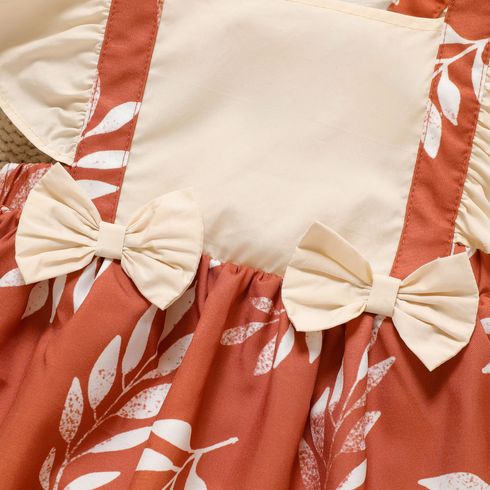 Baby Girl Sleeveless Solid Ruffle Trim Bowknot Spliced Leaf Print Romper Apricot big image 5