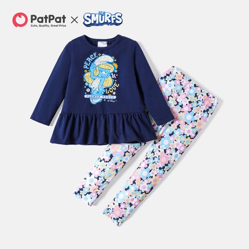 Smurfs 2pcs Toddler Girl Letter Print Ruffle Hem Long-sleeve Cotton Tee and Floral Print Leggings Set