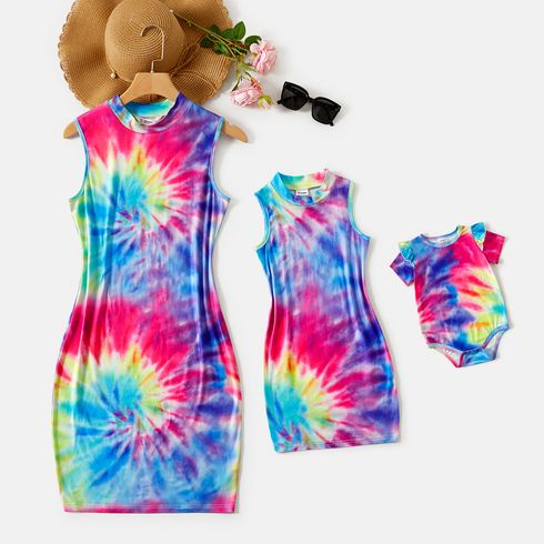 Colorful Tie Dye Mock Neck Bodycon Tank Dress for Mom and Me