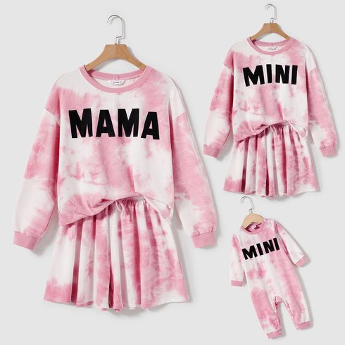 Mommy and Me Letter Print Pink Tie Dye Drop Shoulder Long-sleeve Sweatshirts and Shorts Sets