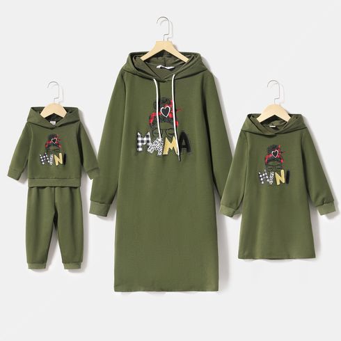 Mommy and Me Figure & Letter Print Green Long-sleeve Hoodie Dress