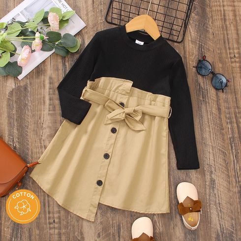 طفلة صغيرة 100٪ قطن colorblock لصق غير النظامية زر تنحنح تصميم فستان طويل الأكمام
