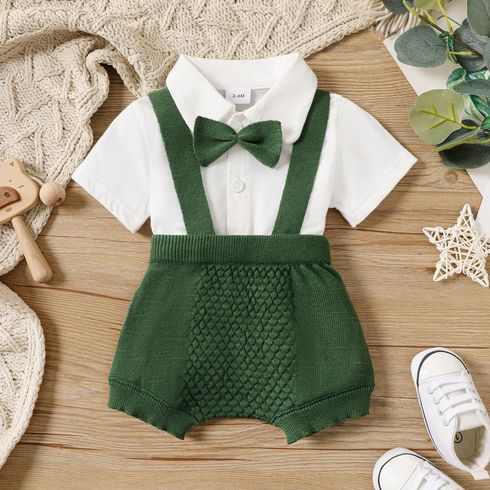 2pcs Baby Boy Knitted Short-sleeve Button Up Bow Tie Shirt and Suspender Shorts Set