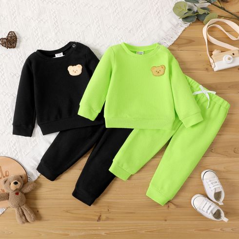 2pcs Baby Boy Cartoon Bear Detail Solid Textured Long-sleeve Pullover Sweatshirt and Sweatpants Set