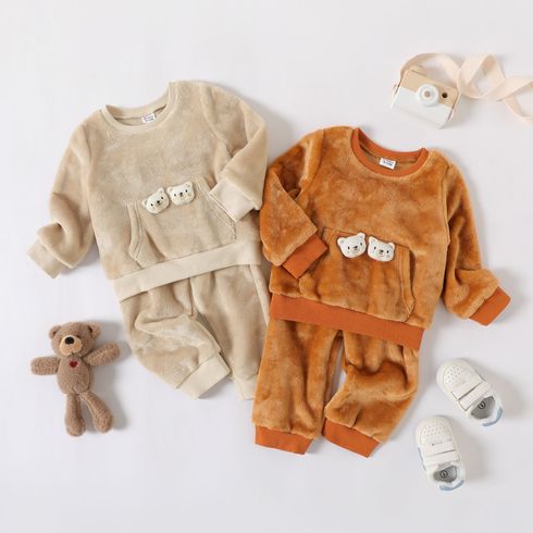 2pcs Baby Boy Stuffed Bear Detail Long-sleeve Fuzzy Top and Pants Set