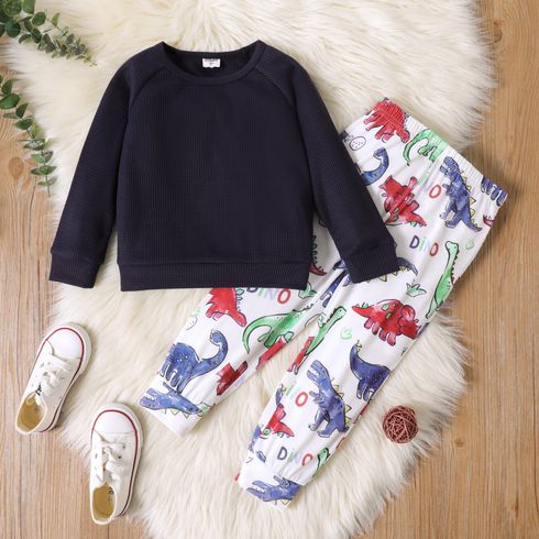 2pcs Toddler Boy Raglan Sleeve Waffle Sweatshirt and Animal Dinosaur Print Pants Set
