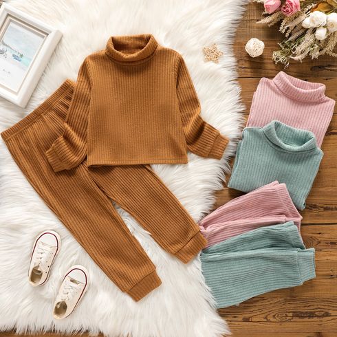 2pcs Toddler Girl Solid Color Ribbed Turtleneck Long-sleeve Tee and Elasticized Pants Set