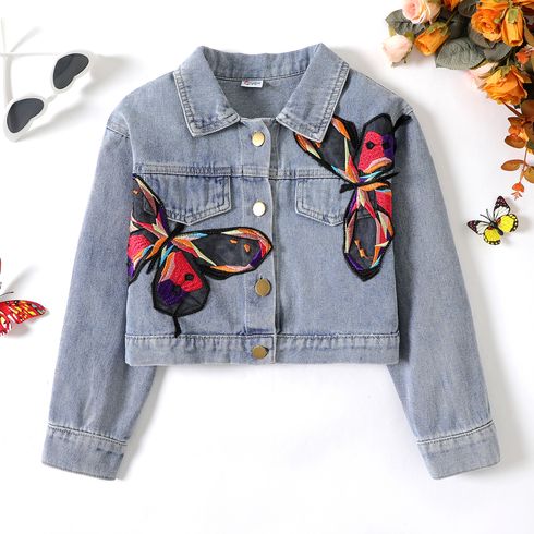 Kid Girl 100% Cotton Butterfly Embroidered Lapel Collar Denim Jacket