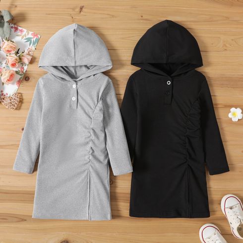 Toddler Girl Solid Color Button Design Ruched Long-sleeve Hooded Dress