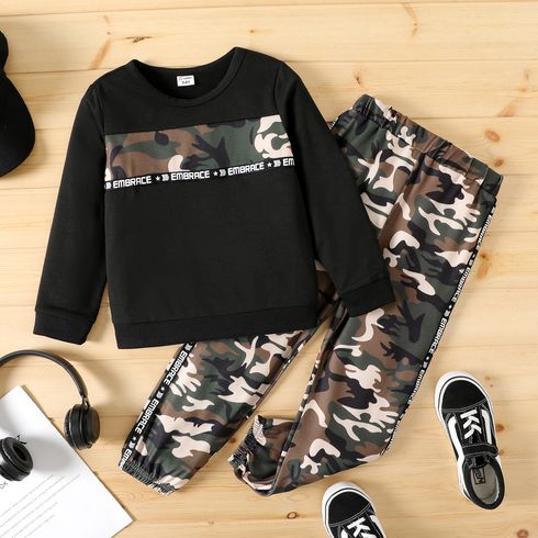 2pcs Kid Boy Letter Camouflage Print Pullover Sweatshirt and Pants Set