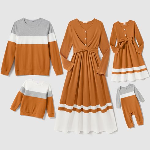 Family Matching Long-sleeve V Neck Button Front Colorblock Rib Knit Midi Dresses and Tops Sets
